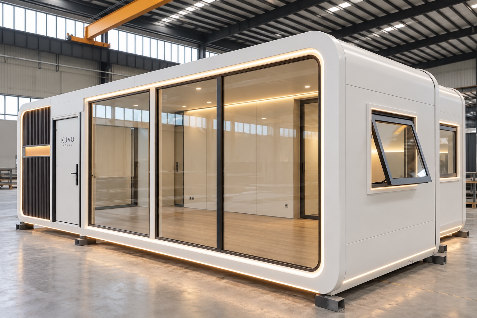 Casa modular KUVO blanca con fachada acristalada e iluminación perimetral