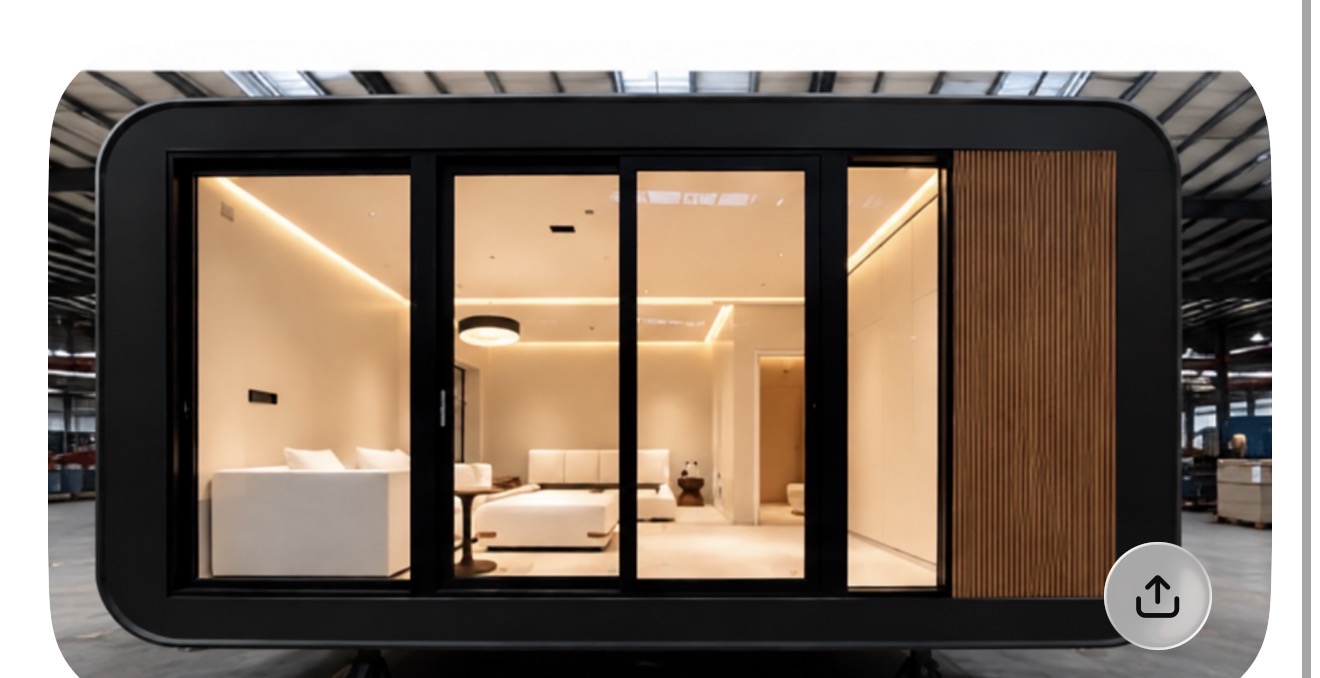 Casa modular negra con detalles de madera y fachada de cristal